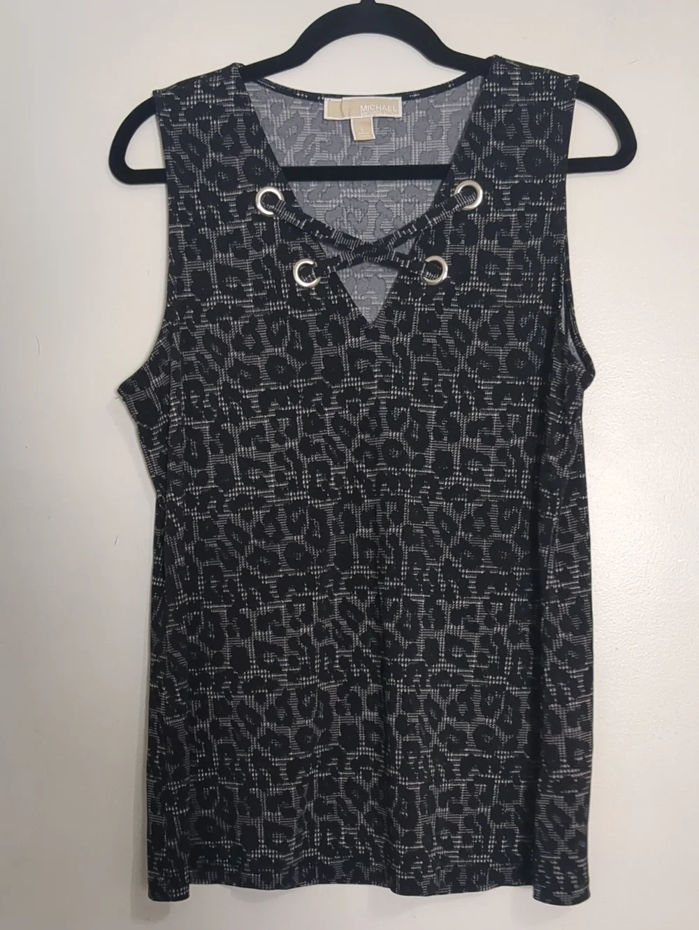 MICHAEL KORS - SIZE L  Black & Gray Grommet Lace-Up Plaid/Animal Print Sleeveles